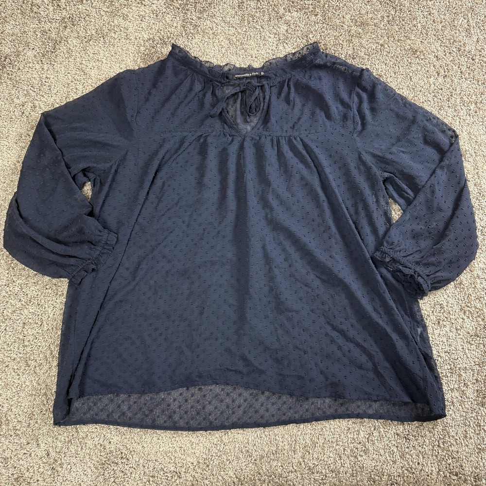 Abercrombie Fitch Womens Blouse XL Navy Romantic‎ Cottagecore Sheer Swiss Dot